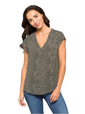fun 2 fun Lillian V-Neck Grey & White Polka Dot Short Sleeve Blouse, S